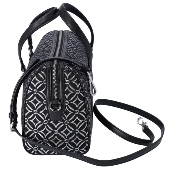 Michael Kors Jet Set Medium Duffle Bag Black Silver Logo Silver Metallic - Picture 2 of 4